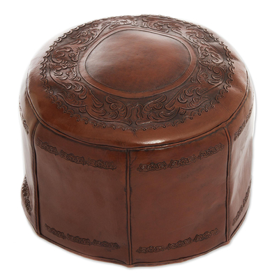 Tooled leather ottoman cover, 'Spanish Elegance' - Colonial Leather Pouf Ottoman Cover