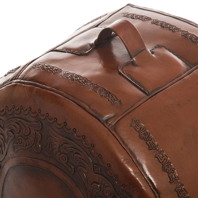 Tooled leather ottoman cover, 'Spanish Elegance' - Colonial Leather Pouf Ottoman Cover