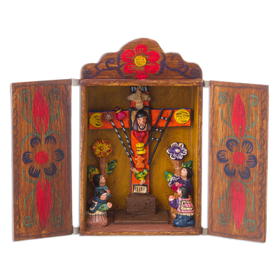 Painted wood retablo, 'Cross of Lamentation' - Hand Made Religious Wood Retablo Diorama Andean Folk Art