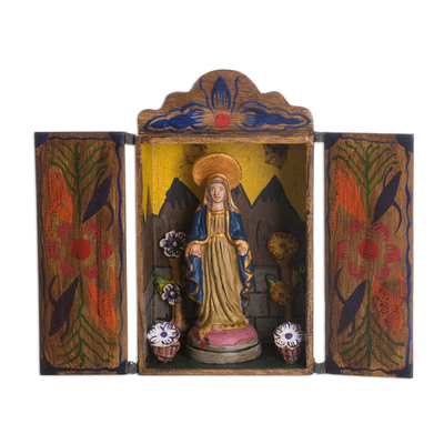 Wood retablo, 'Virgin Mary' - Painted Wood Retablo Andes Folk Art Handmade in Peru