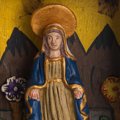 Wood retablo, 'Virgin Mary' - Painted Wood Retablo Andes Folk Art Handmade in Peru