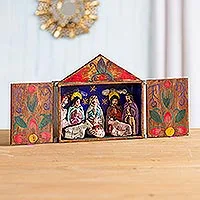 Retablo, „Jesus sprach vom Frieden“ – Fair-Trade-Krippen-Retablo-Holzskulptur