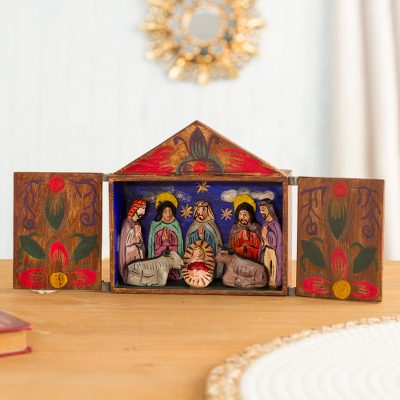 Retablo, „Jesus sprach vom Frieden“ – Messe gehandelte Krippenskulptur aus Retablo-Holz