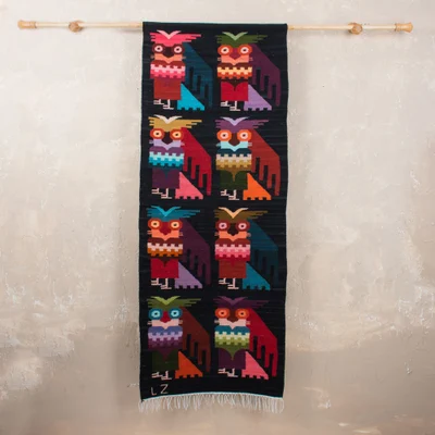 Wool tapestry, 'Night Owls' - Wool tapestry
