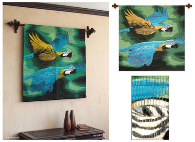 Wool tapestry, 'Amazon Macaws' - Handmade Wool Bird Tapestry Wall Hanging