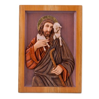 Cedar relief panel, 'Christ the Shepherd' - Cedar relief panel