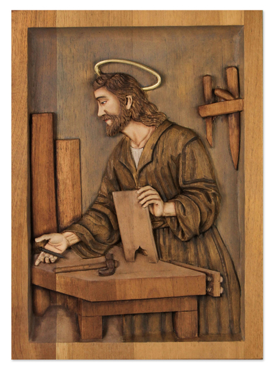 Cedar relief panel, 'Saint Joseph, the Carpenter' - Handcrafted Religious Wood Relief Panel