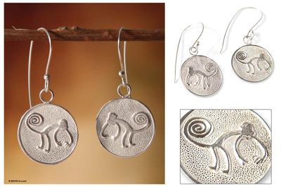 Earrings, 'Nazca Monkeys' - Handcrafted Fine Silver Dangle Monkey Earrings