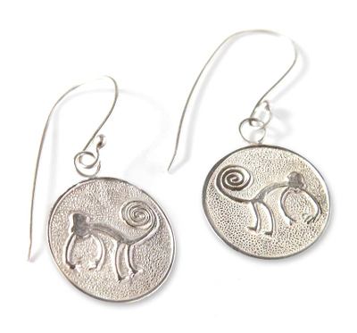 Earrings, 'Nazca Monkeys' - Handcrafted Fine Silver Dangle Monkey Earrings