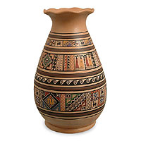 Cuzco vase, 'Waves and Llamas' - Hand Painted Cuzco Ceramic Vase