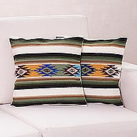Wool cushion covers, 'Solar Enchantment' (pair) - Hand Made Wool Striped Cushion Covers (Pair)