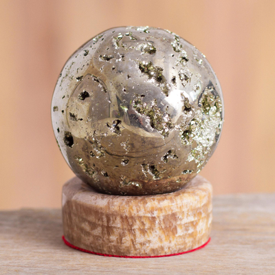 Pyrite sphere, 'Glitter' - Pyrite Sphere Gemstone Sculpture with Calcite Stand