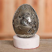 Pyrite Gemstone Sculpture with Calcite Stand ,'Sparkling Egg'