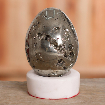 Pyrite sculpture, 'Sparkling Egg' - Pyrite Gemstone Sculpture with Calcite Stand 