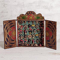 Wood retablo, 'Mask Collection' - Unique Wood Retablo Folk Art Mask Theme Sculpture