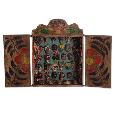 Wood retablo, 'Mask Collection' - Unique Wood Retablo Folk Art Mask Theme Sculpture