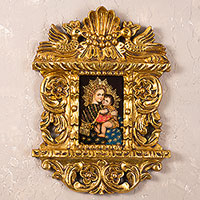 'Madonna with the Child' - Colonial Miniature Madonna Painting in Bronze Leaf Frame