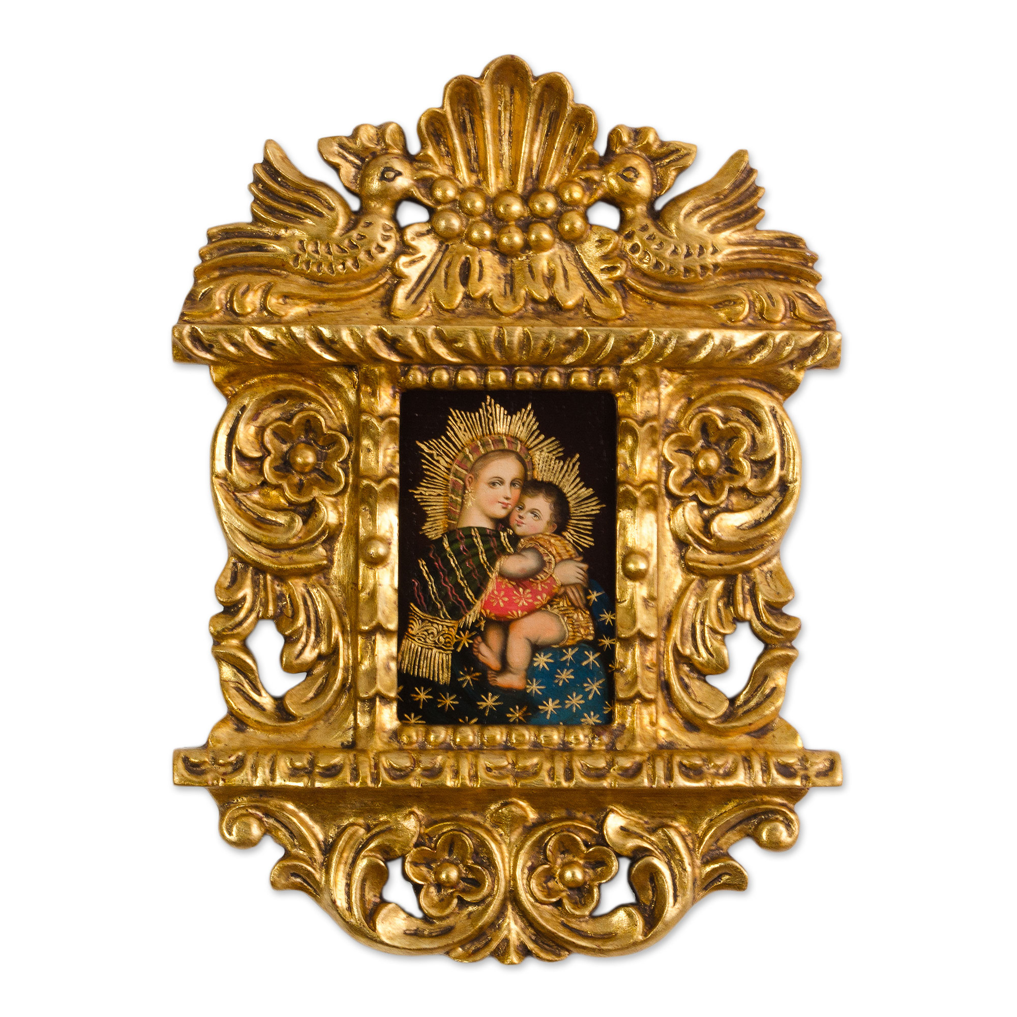 Colonial Miniature Madonna Painting in Bronze Leaf Frame - Madonna with ...