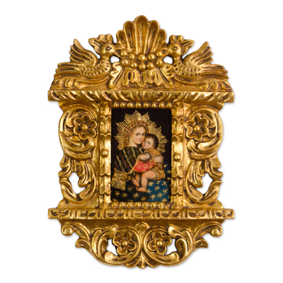 'Madonna with the Child' - Colonial Miniature Madonna Painting in Bronze Leaf Frame