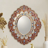 Mirror, 'Golden Rays' - Unique Reverse Painted Glass Mirror from Peru