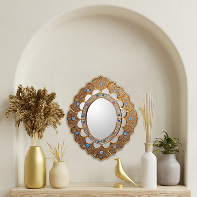 Reverse painted glass mirror, 'Sweet Flower Majesty' - Reverse Painted Glass Mirror Wall Decor from the Andes
