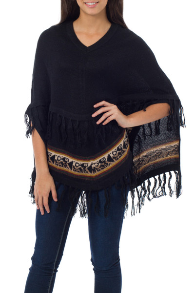 Alpaca blend poncho, 'Andean Bonfire' - Handcrafted Alpaca Wool Poncho