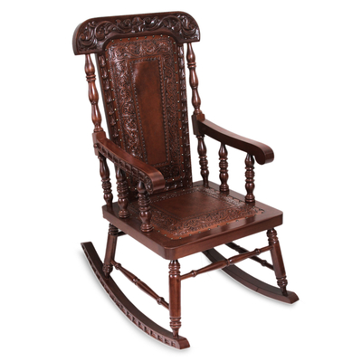 Wood and leather rocking chair, 'Nobility' - Traditional Wood Leather Rocking Chair