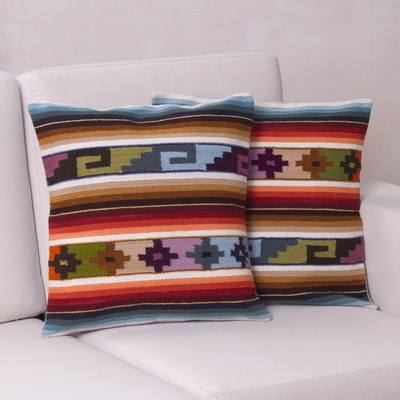 Wool cushion covers, 'Sunset Temple' (pair) - Hand Made Wool Patterned Cushion Covers (Pair)