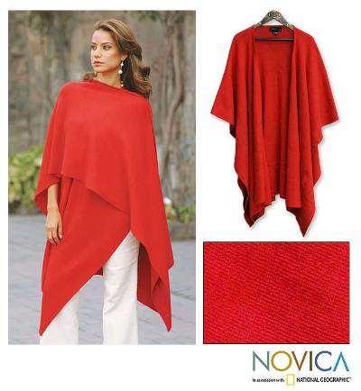 Alpaca blend shawl, 'Fire' - Alpaca Wool Blend Solid Shawl in Red
