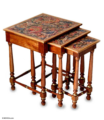 Mahogany and leather accent tables (Set of 3)