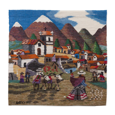 Wool tapestry, 'Farm Family in the Sierra' - Hand Made Cultural Wool Tapestry Wall Hanging