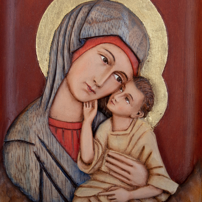Cedar relief panel, 'Virgin of Caresses' - Religious Cedar Relief Panel Wall Art