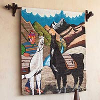 Wool tapestry, 'Llama Herdsman' - Llama Themed Wall Tapestry