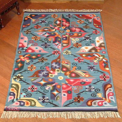 Wool rug, 'Garden of Butterflies' (4x5) - Wool Area Rug Blue Woven Handmade Peru (4x5)