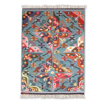 Wool rug, 'Garden of Butterflies' (4x5) - Wool Area Rug Blue Woven Handmade Peru (4x5)