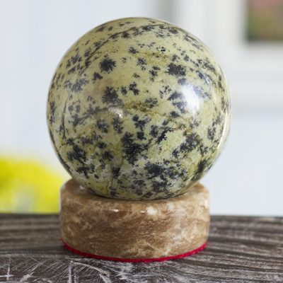 Nephrite sphere, 'Jade Mystique' - Green Nephrite Sphere Sculpture with Calcite Base
