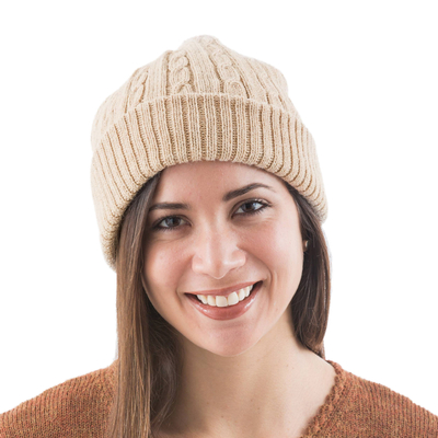 100% alpaca hat, 'Tan Mountain Roads' - Unique Womens Alpaca Wool Solid Knit Hat
