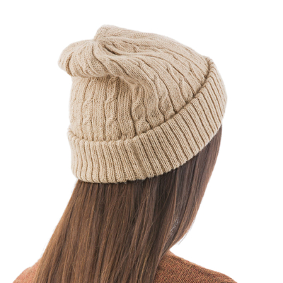 100% alpaca hat, 'Tan Mountain Roads' - Unique Womens Alpaca Wool Solid Knit Hat