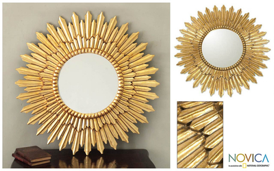 Espejo Mohena, 'Sunbeams' - Hoja de bronce dorado sobre espejo de madera fina de Mohena 