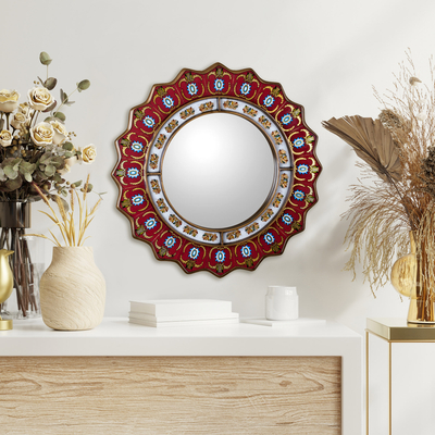 Reverse painted glass wall mirror, 'Ruby Medallion' - Red Reverse-Painted Glass Wall Mirror from Peru