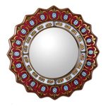 Reverse painted glass wall mirror, 'Ruby Medallion' - Red Reverse-Painted Glass Wall Mirror from Peru