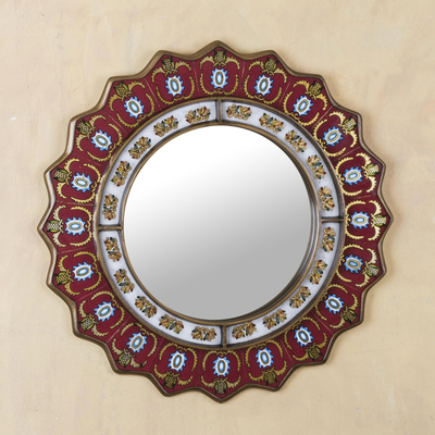 Reverse painted glass wall mirror, 'Ruby Medallion' - Red Reverse-Painted Glass Wall Mirror from Peru