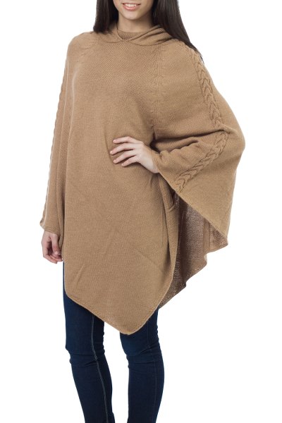 Alpaca blend poncho, 'Tan Riding Hood' - Alpaca blend poncho