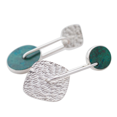 Chrysocolla dangle earrings, 'Opposites Attract' - Unique Modern Sterling Silver Drop Chrysocolla Earrings