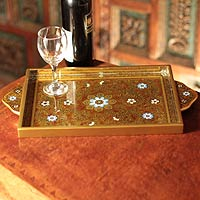 Reverse Painted Glass Serving Tray,'Butterscotch Blossoms'