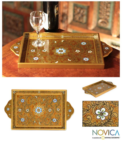 Painted glass tray, 'Butterscotch Blossoms' - Reverse Painted Glass Serving Tray