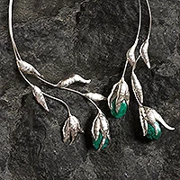 Chrysocolla wrap necklace, 'Flower of the Inca' - Handcrafted Fine Silver Necklace with Green Gem Accents