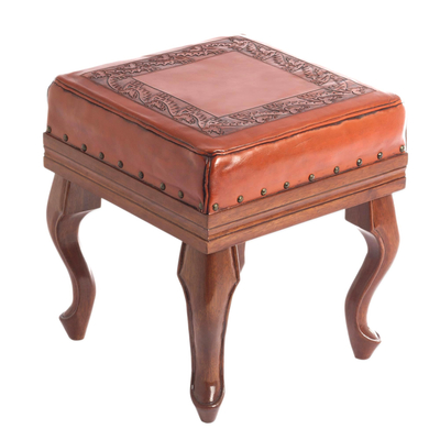 Leather and wood ottoman, 'Inca Frieze' - Leather and Wood Ottoman