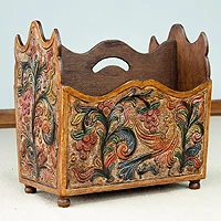 Leather and mahogany magazine rack, 'Sweet Contrasts' - Mahogany and Leather Magazine Rack Hand Tooled Furniture