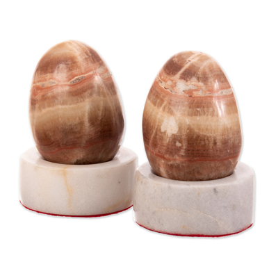 Aragonite statuettes, 'Eggs in the Forest' (pair) - Handmade Aragonite Stone Egg Sculptures (Pair)